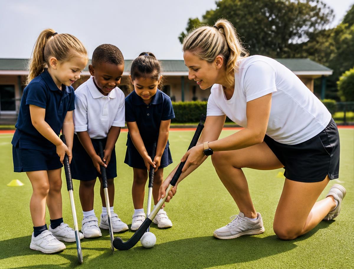 HSA coach teaching preschool children the correct hockey grip on a turf field